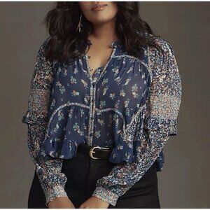NWT Anthropologie $128 Sheer Babydoll Peasant Top Women XL Blue Floral Boho Hipp